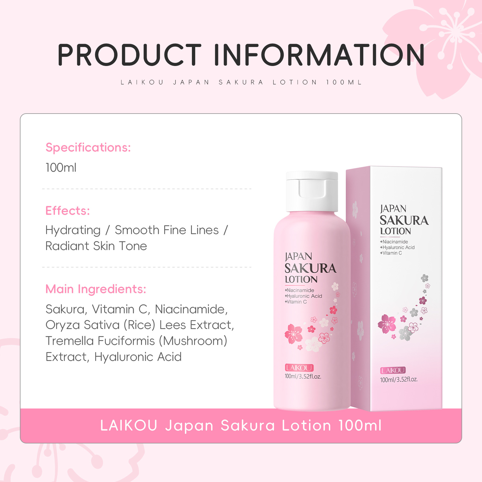 LAIKOU Sakura Lotion 100ml Nia - Niacinamide Pore Shrinking Essence 评论和价格